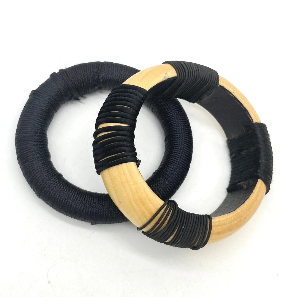 Handmade Wood and Black Cord Wrapped Bangle Bracelet Set Chunky Boho 2pc